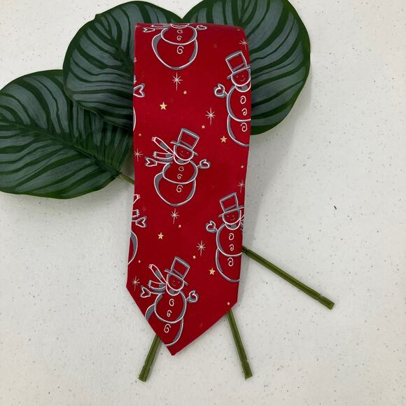 Ho Ho Ho Red White Gold Metallic Snowman Holiday Christmas Silk Office Neck Tie - Picture 1 of 6